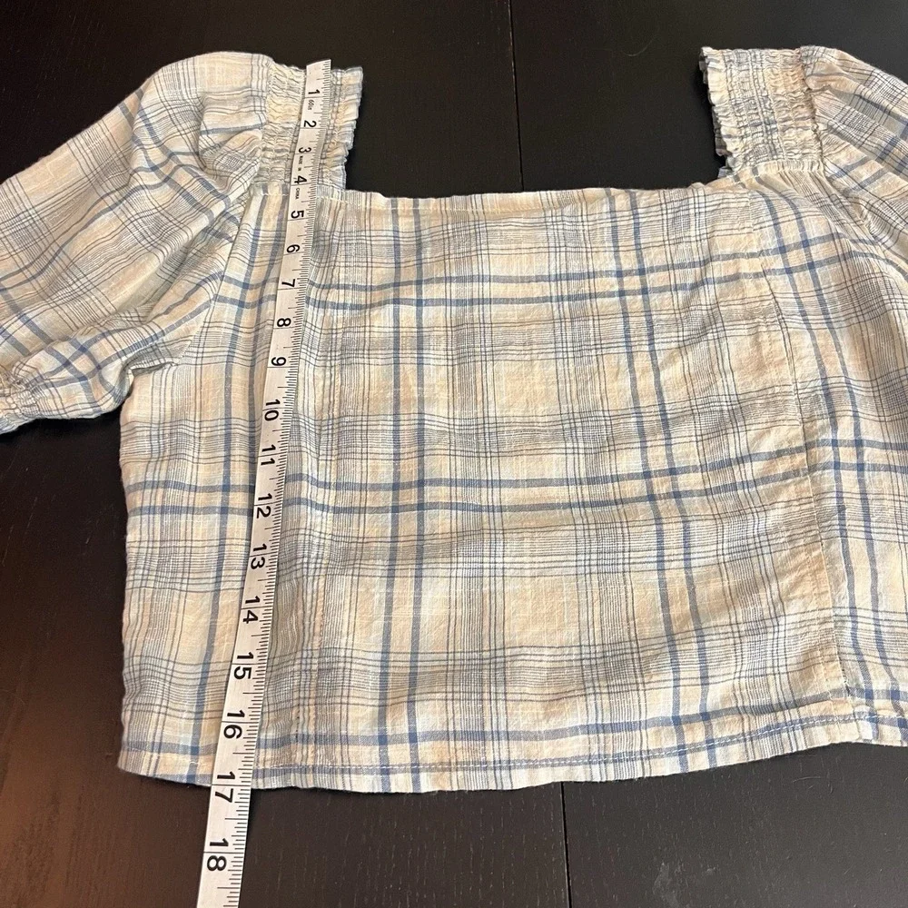 Oak + Fort Plaid Cropped Top Size M Cotton Puff Sleeve Blue Summer Western *READ